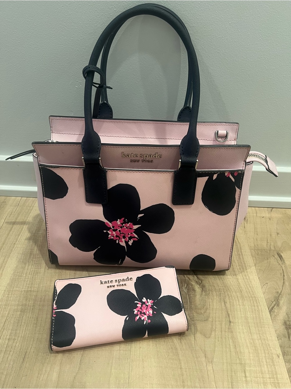 Kate Spade Pink and Navy Floral Purse with Matching Wallet